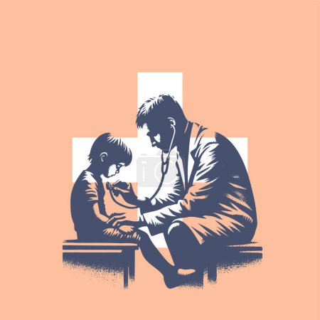 un médecin masculin assis écoute avec un stéthoscope un garçon assis en face d'un patient dans une illustration vectorielle
