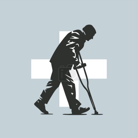 a man walks forward leaning on a crutch in a vector illustration