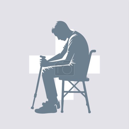 a man with a cane sits on a chair with his head bowed in vector illustration