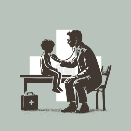doctor sitting on a chair listens to a boy sitting on a table in a vector stencil drawing