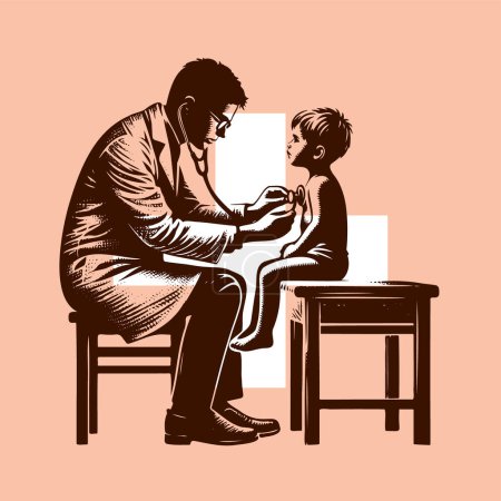 Illustration for Doctor listening to boy both sitting on chairs in vector illustration - Royalty Free Image