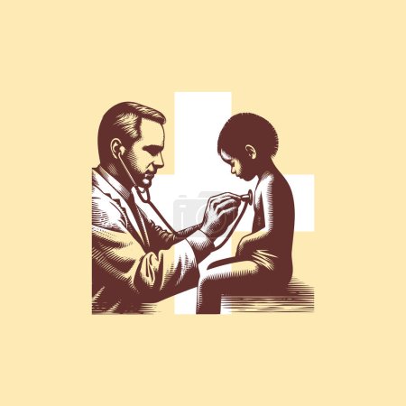 Illustration for Doctor listens to a boy vector drawing on a beige background - Royalty Free Image