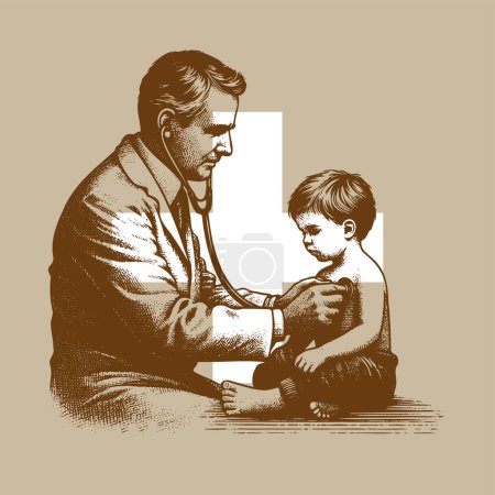 doctor escuchando a niño con estetoscopio en ilustración de la plantilla del vector