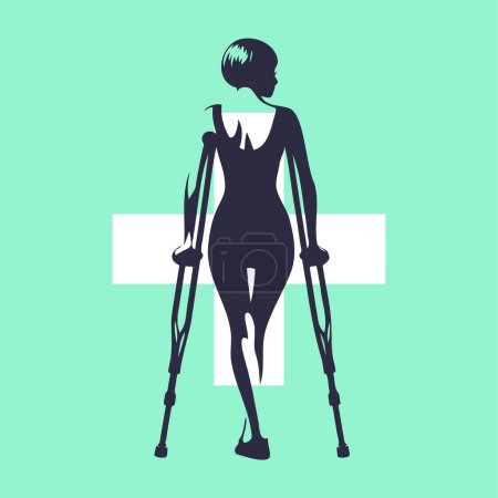 girl on crutches stands with her back in vector stencil drawing
