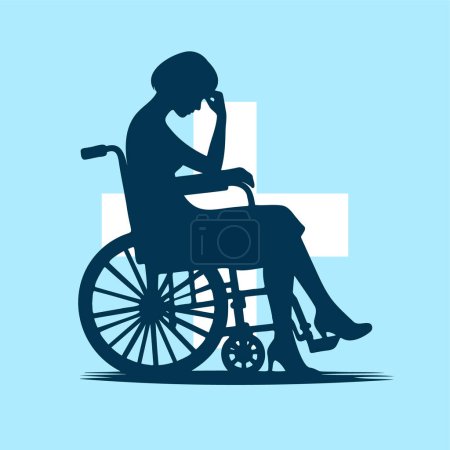 chica sentada en una silla de ruedas con la cabeza apoyada en su mano sobre un dibujo vector de fondo azul