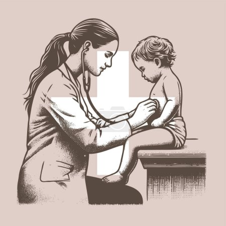 niña médico escuchando a su joven paciente con un estetoscopio en la ilustración vectorial