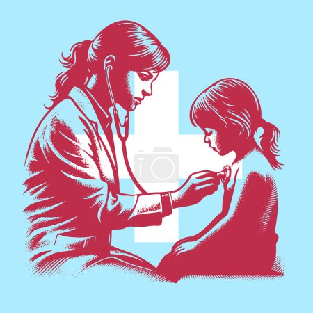 female doctor listening to her young patient in vector illustration