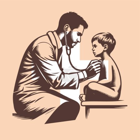 médico masculino escuchando con un estetoscopio a un niño sentado en el sofá durante una cita en la ilustración vectorial