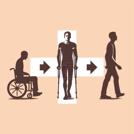 recovery from wheelchair walking on crutches and healthy lifestyle vector stencil drawing