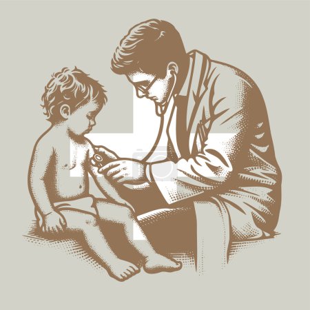 Vektor-Schablonenzeichnung auf grauem Hintergrund Dostor lauscht mit Stethoskop einem sitzenden Jungen