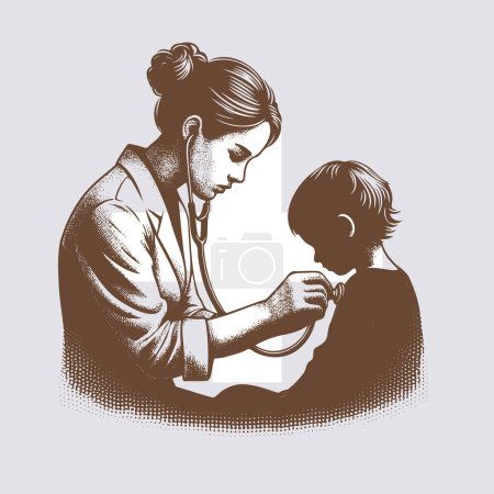 woman doctor listening to a boy at an appointment vector drawing