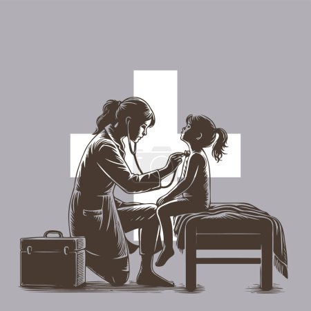 woman doctor listening to girl with stethoscope sitting on bed in vector illustration