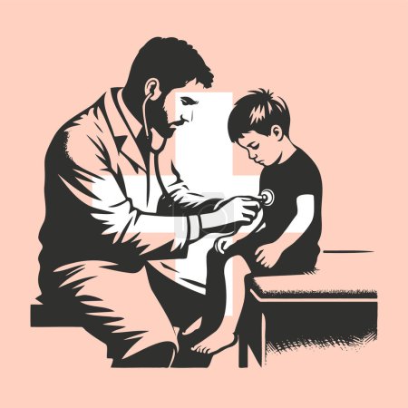 Illustration for A boy at a doctor's appointment with a man who listens to him in vector drawing - Royalty Free Image