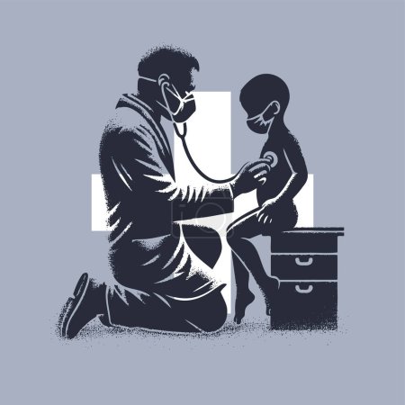 ein Arzt in einer Maske hört einem Jungen in einer Maske zu, der auf einem Nachttisch in einer Vektorillustration sitzt