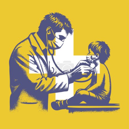 ein Arzt in Maske hört mit einem Stethoskop seinem jungen Patienten zu, der eine Maske in einer Vektorillustration trägt