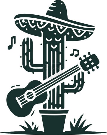 Art vectoriel au pochoir d'un cactus jouant de la guitare en sombrero