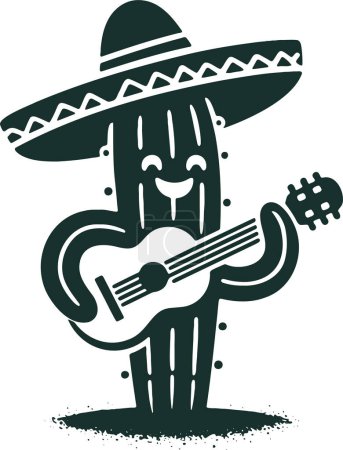 Vektor-Schablonenkunst eines Sombrero-gekleideten Kaktus, der eine Gitarre spielt
