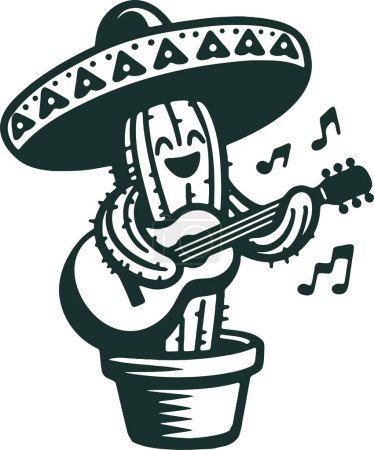 Vektor-Schablonenkunst, die einen gitarrenspielenden Kaktus mit Sombrero zeigt