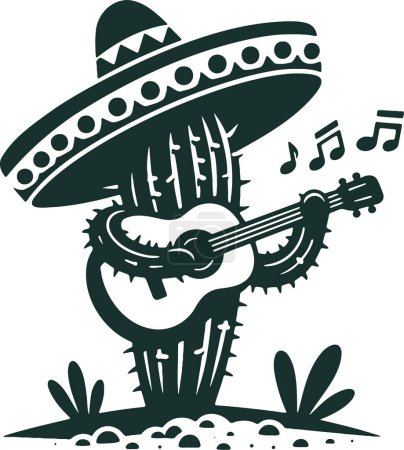 Vektor-Schablonenkunst eines Kaktus, der mit Sombrero Gitarre spielt
