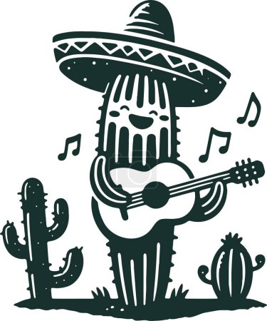 Cactus wearing sombrero playing guitar in vector stencil style