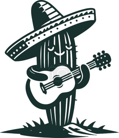 Illustration for Stencil drawing of cactus in sombrero playing guitar vector art illustration - Royalty Free Image