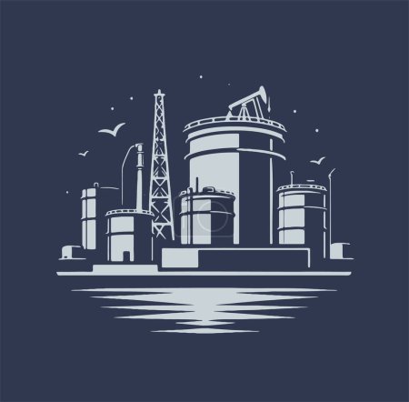 Simplistic vector illustration of an oil processing and storage facility on a dark background