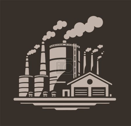 Téléchargez les illustrations : Simplified vector drawing of an oil processing and storage plant against a dark backdrop - en licence libre de droit