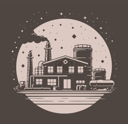 Ilustración vectorial simplista de una refinería de petróleo y un terminal de almacenamiento sobre un fondo oscuro