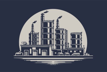Illustration for Simple vector illustration showcasing an oil processing and storage facility on a dark background - Royalty Free Image