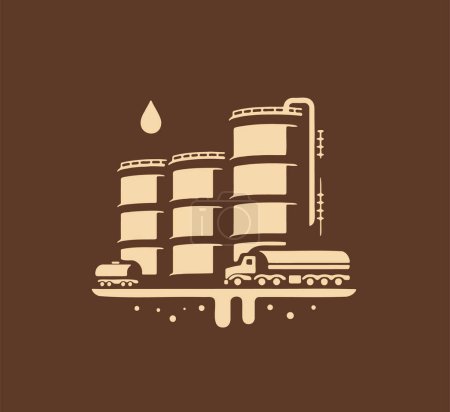Téléchargez les illustrations : Vector artwork showing an oil refinery and storage facility on a dark background - en licence libre de droit