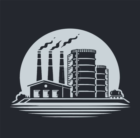 Représentation vectorielle d'une raffinerie de pétrole et d'un dépôt de stockage dans un style simple sur fond sombre