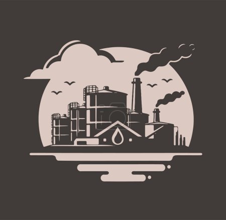 Ilustración de Ilustración vectorial de una refinería de petróleo y depósito de almacenamiento en un estilo sencillo sobre un fondo oscuro - Imagen libre de derechos