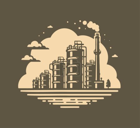 Téléchargez les illustrations : Vector illustration of an oil refinery and storage terminal in a simple stencil style on a dark backdrop - en licence libre de droit