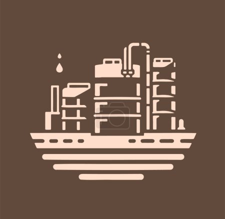 Vector stencil artwork of a petroleum processing and storage facility against a dark backdrop
