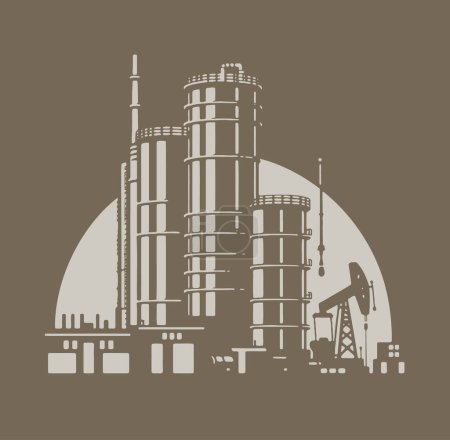 Illustration for Vector stencil artwork of a petroleum refinery and storage terminal against a dark backdrop - Royalty Free Image