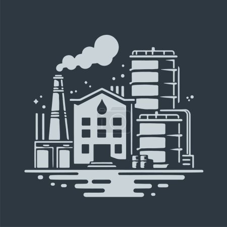 Oil processing and storage site rendered in a straightforward vector drawing on a dark background