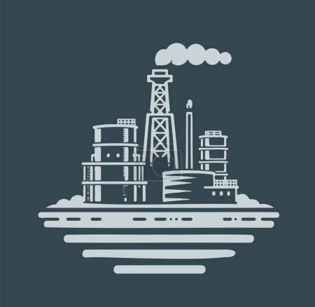 Téléchargez les illustrations : Simple vector artwork showing an oil processing and storage plant against a dark background - en licence libre de droit