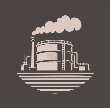 Ilustración de Ilustración vectorial simple de una refinería de petróleo y depósito de almacenamiento sobre un fondo oscuro - Imagen libre de derechos