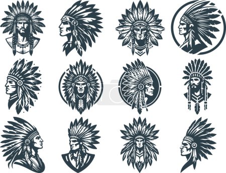 bust of a Native American chief with feathers on his head in vector stencil illustration