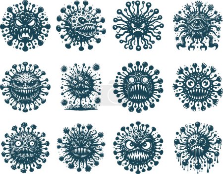 Téléchargez les illustrations : Virus maléfique sous la forme d'une collection de monstres en illustration vectorielle de pochoir - en licence libre de droit
