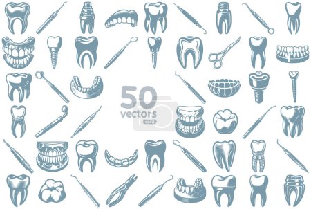 herramientas estomatológicas para el tratamiento y prótesis de los dientes, una colección de ilustraciones vectoriales simples