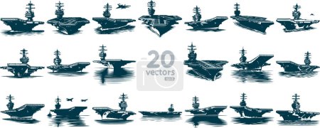 modern aircraft carrier sailing in a simple vector stencil illustration collection of images