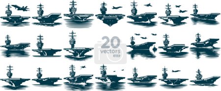 Series of simple vector illustrations displaying a modern aircraft carrier in action