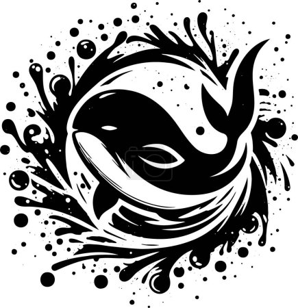 a simple drawing of a killer whale inside a blot with flying splashes