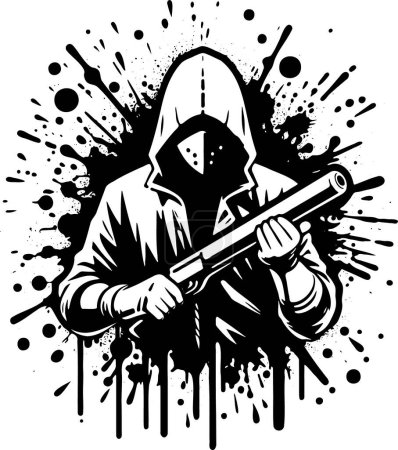 a man with a hood over and a mask on his face holds a shotgun in front of him with both hands in a blot with splashes