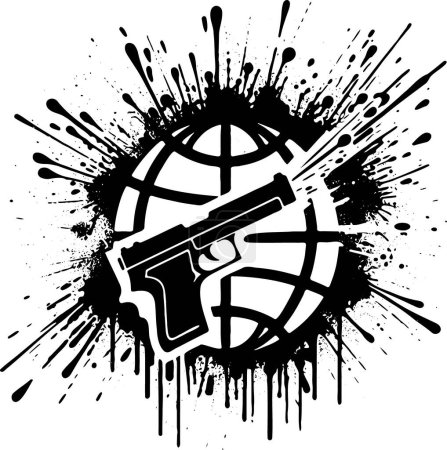 Ilustración de Dibujo abstracto de una pistola de tiro contra el telón de fondo del globo dentro de una mancha con salpicaduras voladoras - Imagen libre de derechos
