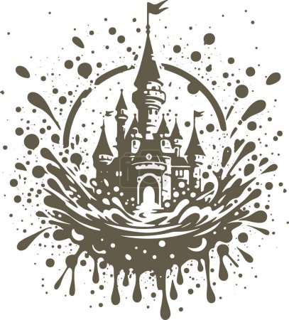 Foto de Stencil vector dibujo abstracto de un antiguo castillo de piedra con torres en una mancha con salpicaduras - Imagen libre de derechos