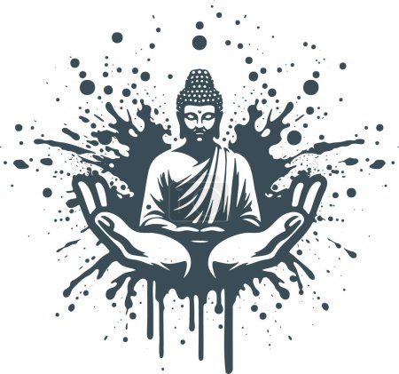 Schablonenvektor abstrakte Zeichnung von zwei Händen, die einen Buddha auf einem Hintergrund aus Klecksen mit Klecksen halten