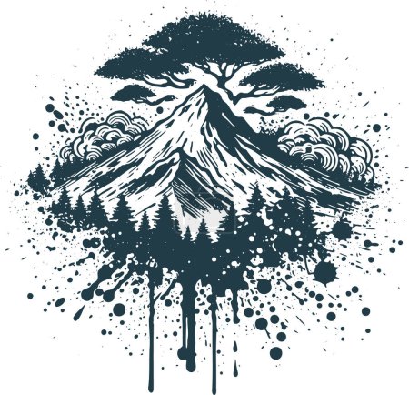 landscape stencil vector abstract drawing of a large tree over a high mountain