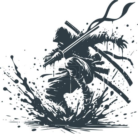 Ninja mit gezogenem Schwert nach einem Sprung im Regen mit Spritzern und Wellen in einer Vektor-abstrakten Schablonenzeichnung